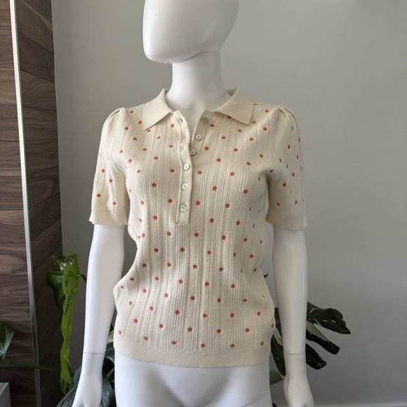 FRNCH Polo Tricot Beige Flowers Orange Sz Medium Authentic❤️ - Picture 1 of 7